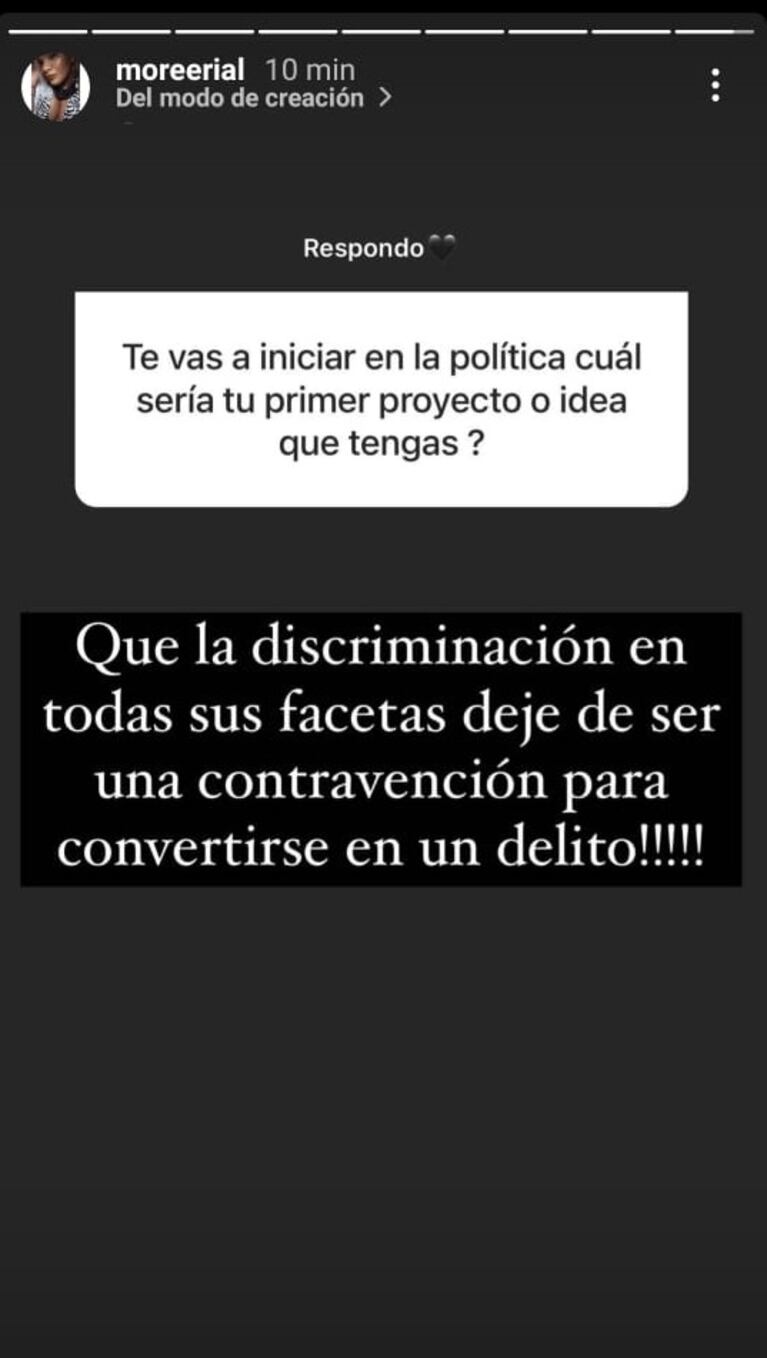 More Rial reveló cuál sería su primer proyecto tras incursionar en la política: "Que la discriminación deje de ser una contravención para convertirse en un delito"