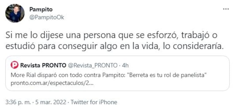 More Rial trató de "berreta" a Pampito y él le respondió sin filtro: "Lo consideraría si me lo dijese una persona que se esforzó en la vida"