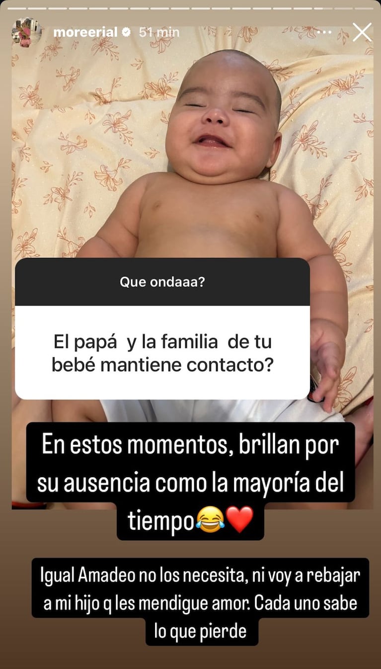 Morena Rial apuntó contra el padre su hijo Amadeo, Matías Olgas (Foto: Instagram/@moreerial).