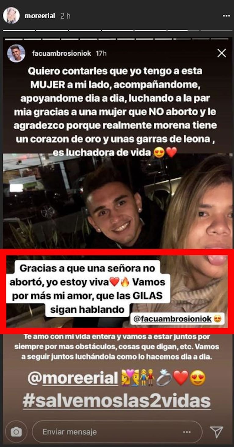 Morena Rial, contra el proyecto de interrupción voluntaria del embarazo: "Gracias a una señora que no abortó, yo estoy viva"