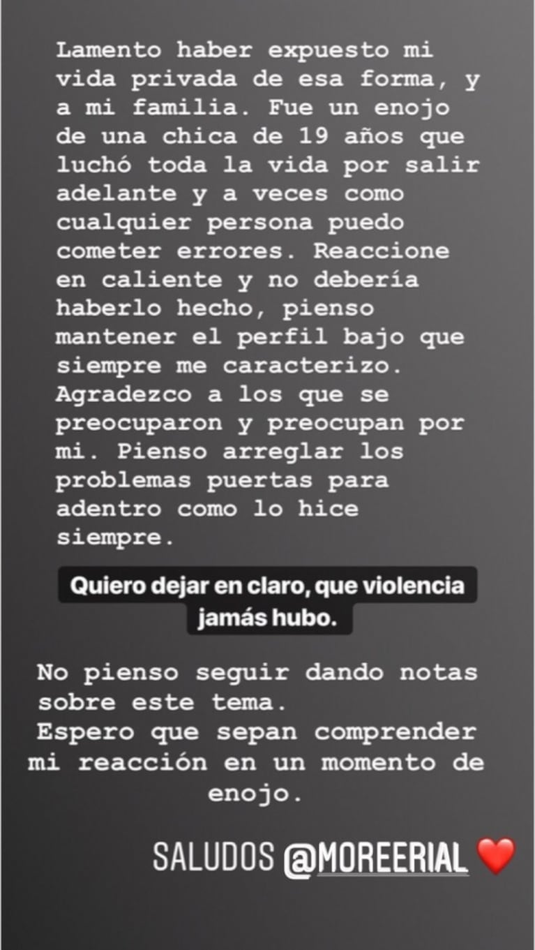 Morena Rial se disculpó tras sus escandalosos mensajes: "Fue un enojo de una chica de 19 años y reaccioné en caliente"