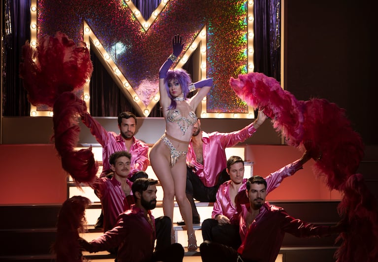 Moria. (L to R) Sebastian Rosso as Alberto Olmedo, Sofia Gala as Moria, Hernan Jimenez as Jorge Porcel, Micaela Riera as Susana Gimenez in Moria. Cr. Alina Schwartz / Netflix ©️2025