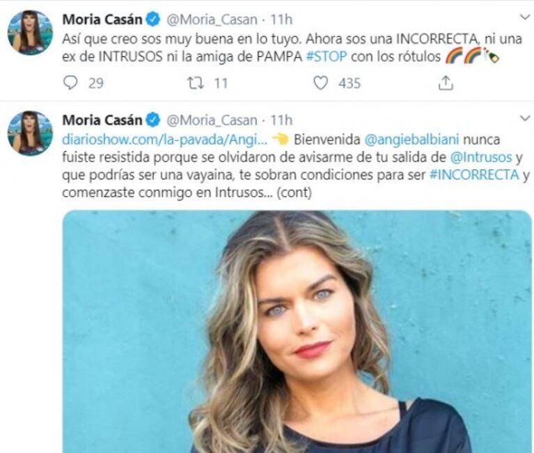Moria le dio la bienvenida a Angie Balbiani a su programa: "Ahora sos una 'Incorrecta', no sos una ex Intrusos, ni la amiga de Pampita"