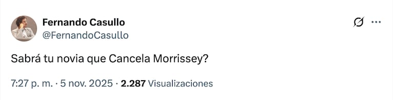Morrissey canceló su show en Buenos Aires y los memes estallaron en redes. Crédito: X