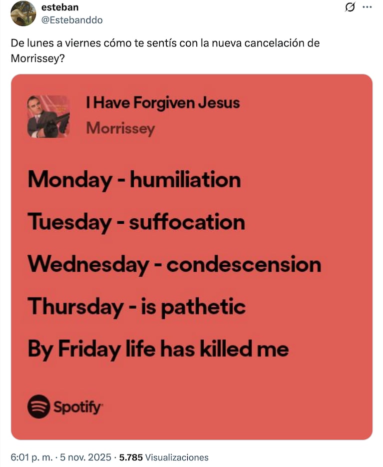 Morrissey canceló su show en Buenos Aires y los memes estallaron en redes. Crédito: X