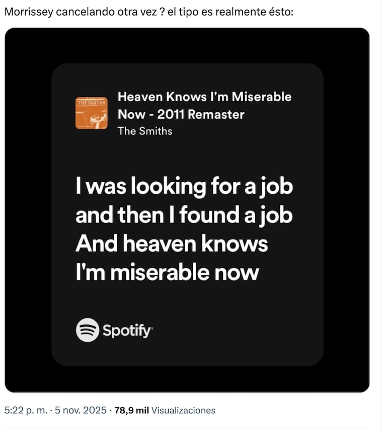 Morrissey canceló su show en Buenos Aires y los memes estallaron en redes. Crédito: X