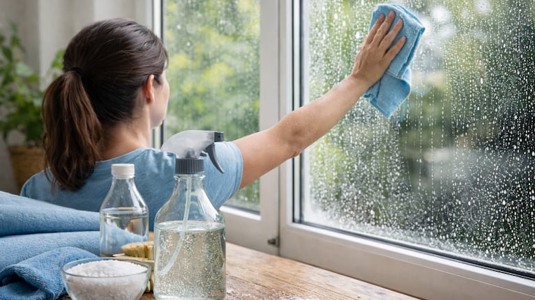 Mujer limpiando la ventana con agua de lluvia. Foto: (IA - ChatGPT)