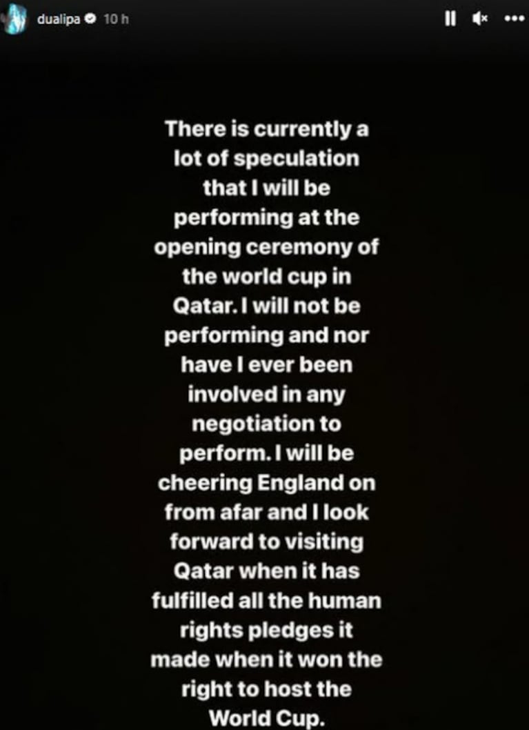 Mundial Qatar 2022: Dua Lipa rompió el silencio y explicó por qué no estará en la Copa del Mundo