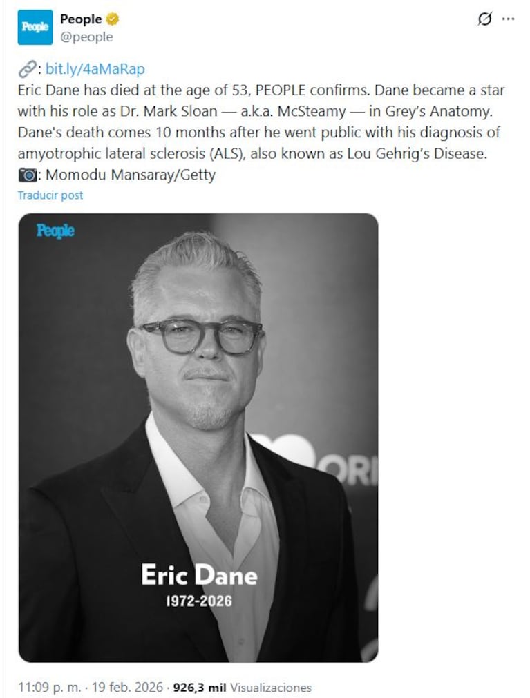 Murió a los 53 años Eric Dane, la estrella de Grey’s Anatomy y Euphoria (Foto: captura de X/@people).