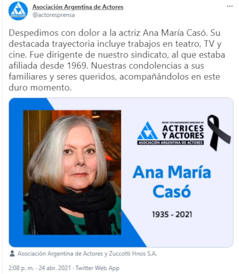 Murió Ana María Casó: la actriz fue hallada sin vida en su domicilio
