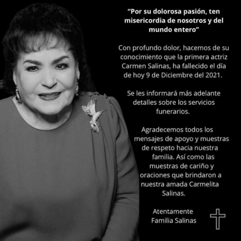 Murió Carmen Salinas, actriz mexicana que formó parte de María la del barrio, a sus 82 años