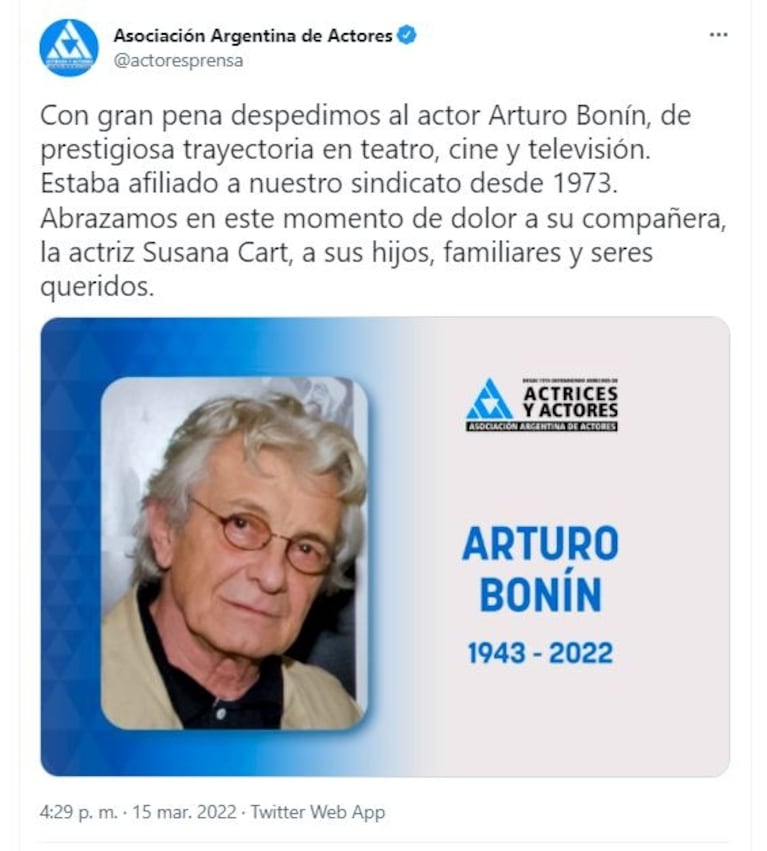 Murió el actor Arturo Bonín a sus 78 años: dolor por la partida de un artista tan querido como respetado