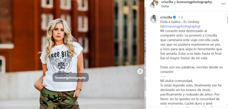 Murió la actriz Criscilla Anderson a los 45 años: su último posteo | Créditos: Instagram