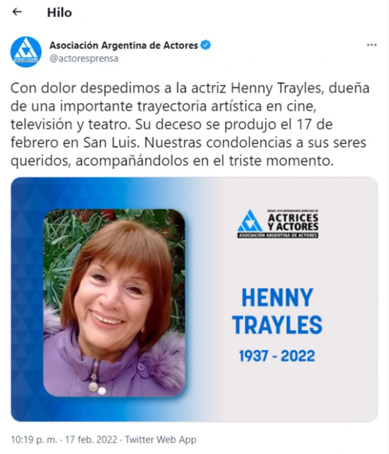  Murió la actriz Henny Trayles a los 84 años, tras una larga carrera en televisión, cine y teatro