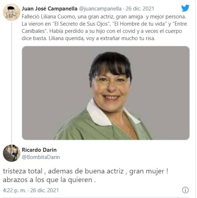 Murió la actriz Liliana Cuomo a sus 66 años: la emotiva despedida de Juan José Campanella