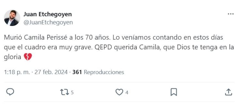 Murió la exvedette Camila Perissé a los 70 años