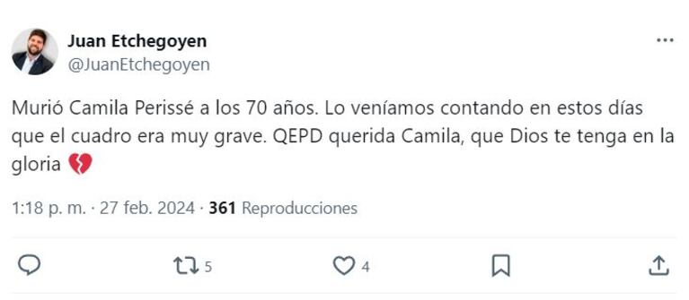 Murió la exvedette Camila Perissé a los 70 años