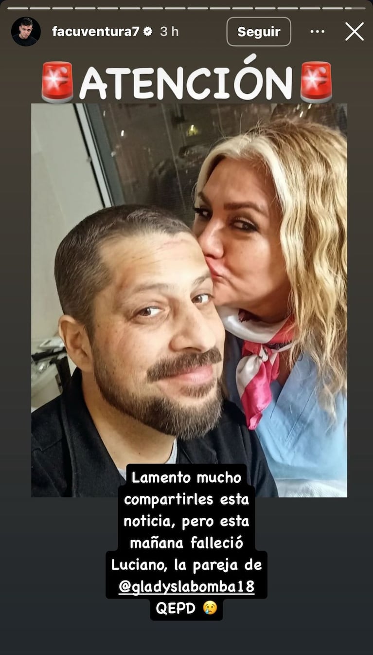 Murió Luciano Ojeda, la pareja de Gladys la Bomba Tucumana (Foto: captura de Instagram/@facuventura).