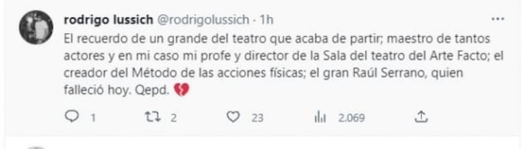 Murió Raúl Serrano, maestro de actores en Argentina