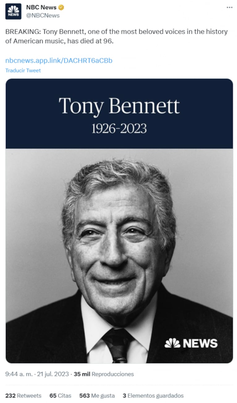 Murió Tony Bennett a los 96 años en Nueva York