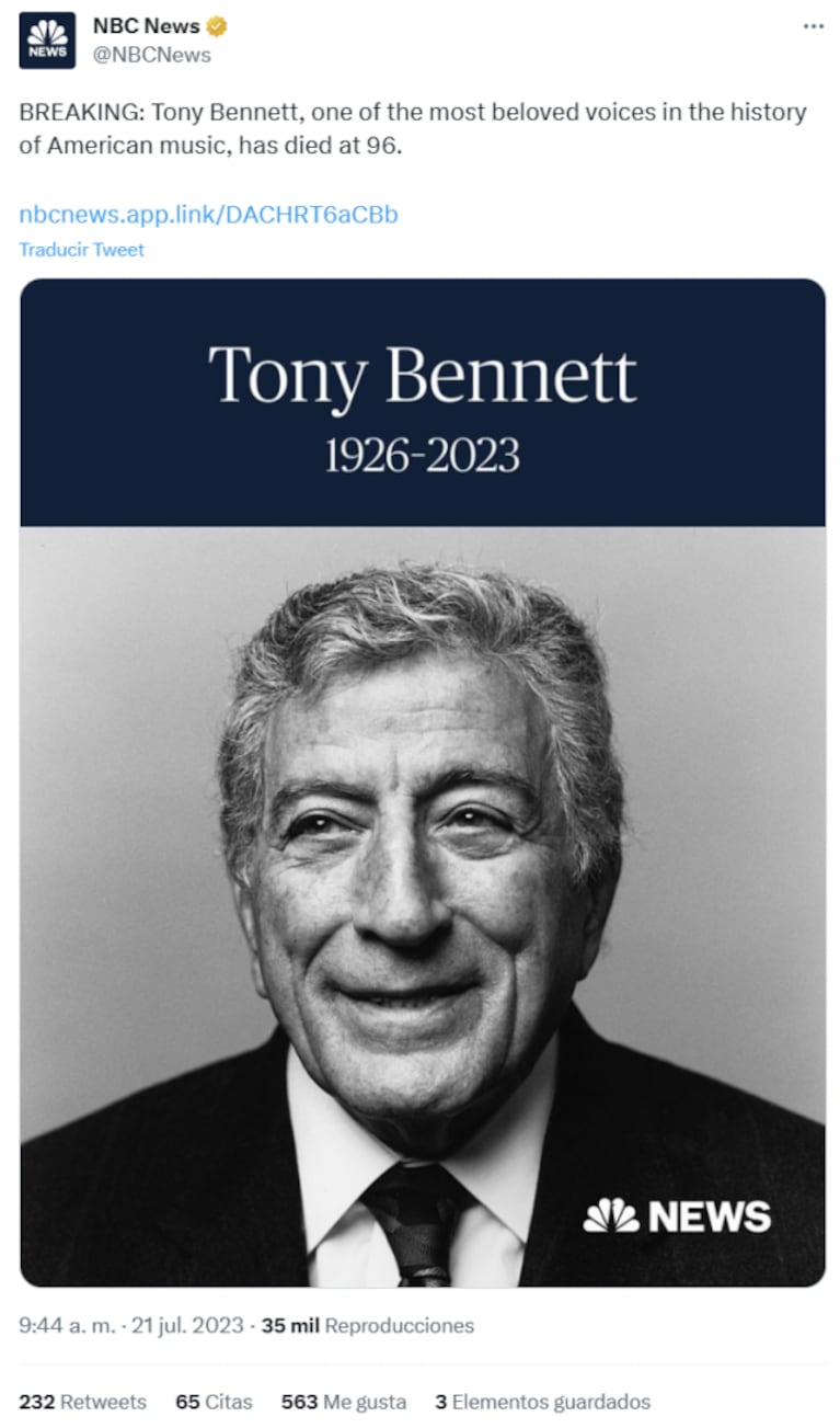 Murió Tony Bennett a los 96 años en Nueva York