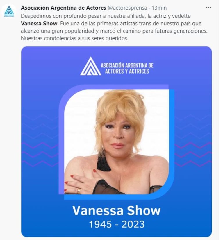 Murió Vanessa Show a los 77 años