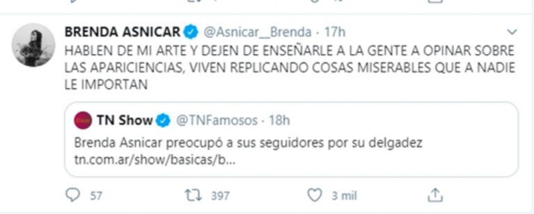 Muy dura reacción de Brenda Asnicar, harta de las notas sobre su delgadez: "¿Qué están esperando? ¿Que me suicide?"