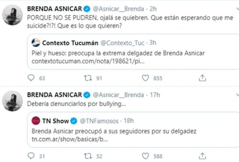 Muy dura reacción de Brenda Asnicar, harta de las notas sobre su delgadez: "¿Qué están esperando? ¿Que me suicide?"