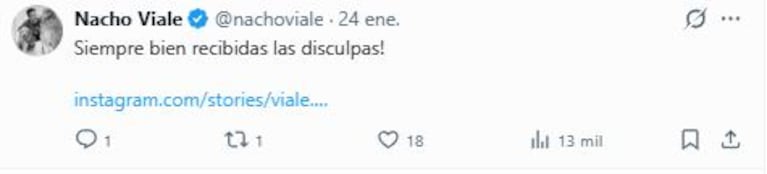 Nacho Viale agradeció las disculpas de Franco Torchia a Juana Viale (Foto: Twitter/ X @nachoviale)