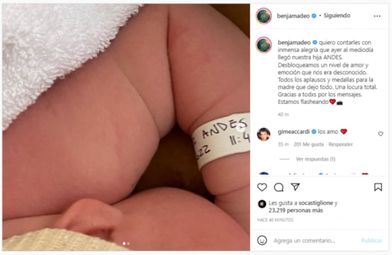 Nació Andes, la hija de Benjamín Amadeo y su pareja, Martina: "Un nivel de amor y emoción que desconocíamos"