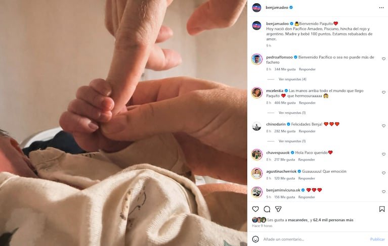 Nació Pacífico, el hijo de Benjamín Amadeo y Martina (Foto de Instagram)
