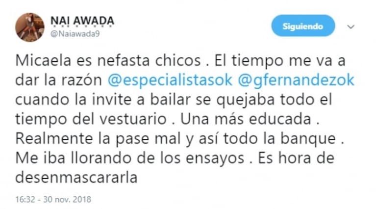 Nai Awada, implacable contra Mica Viciconte: "Es una maltratadora serial y odio que haya sido mi reemplazo"
