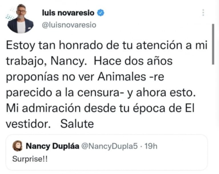 Nancy Dupláa cruzó a Luis Novaresio en Twitter y obtuvo una tremenda respuesta: "Re parecido a la censura"