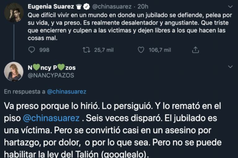 Nancy Pazos cruzó a China Suárez por el caso del jubilado que mató al ladrón ¿y la trató de ignorante?: "Googlealo"