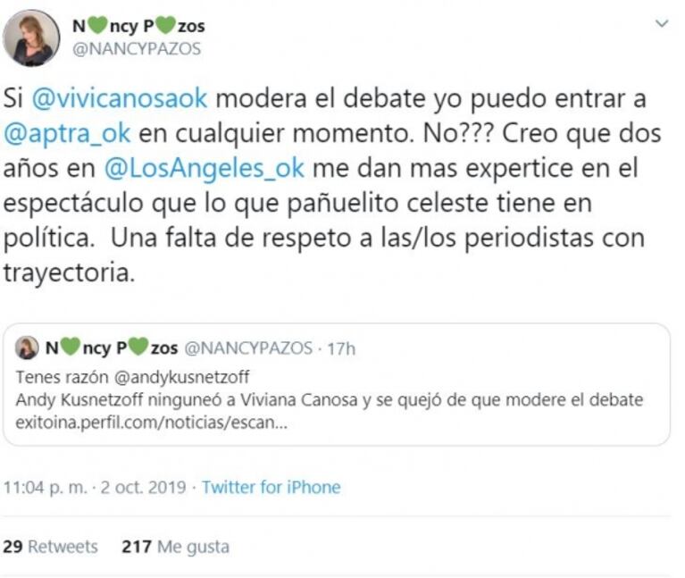 Nancy Pazos, dura con Canosa tras ser elegida como moderadora en el debate presidencial: "Una falta de respeto"