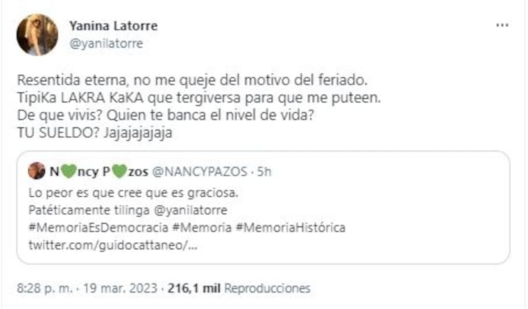 Nancy Pazos fulminó a Yanina Latorre por cuestionar el Día de la memoria: "Patéticamente tilinga"