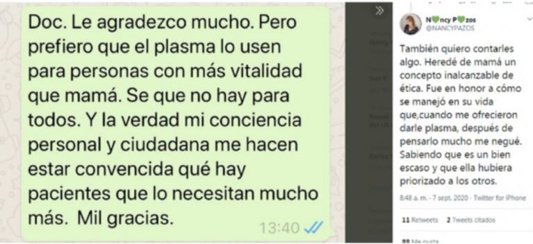 Nancy Pazos reveló por qué decidió que a su mamá no le donaran plasma: "Preferí que lo usaran para personas con más vitalidad"