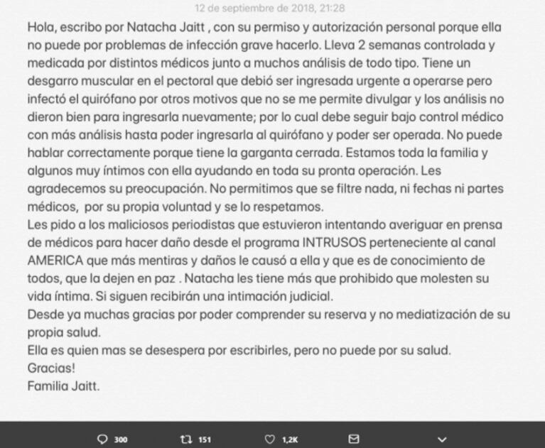 Natacha Jaitt, internada: "Tiene un desgarro muscular en el pectoral y será operada"