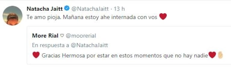 Natacha Jaitt, su mensaje a Morena Rial tras su transfusión de sangre: "Te amo, pioja"