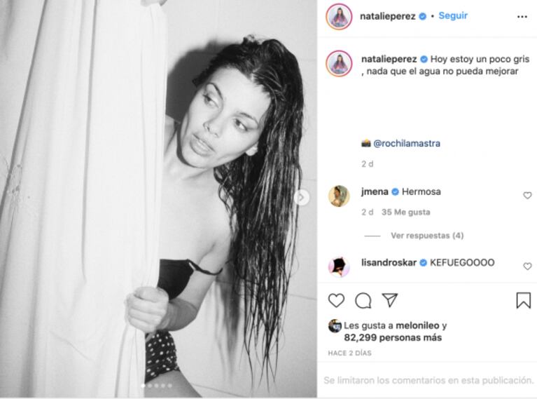 Natalie Pérez compartió su sesión de fotos desde desde la ducha y reconoció: "Hoy estoy un poco gris"