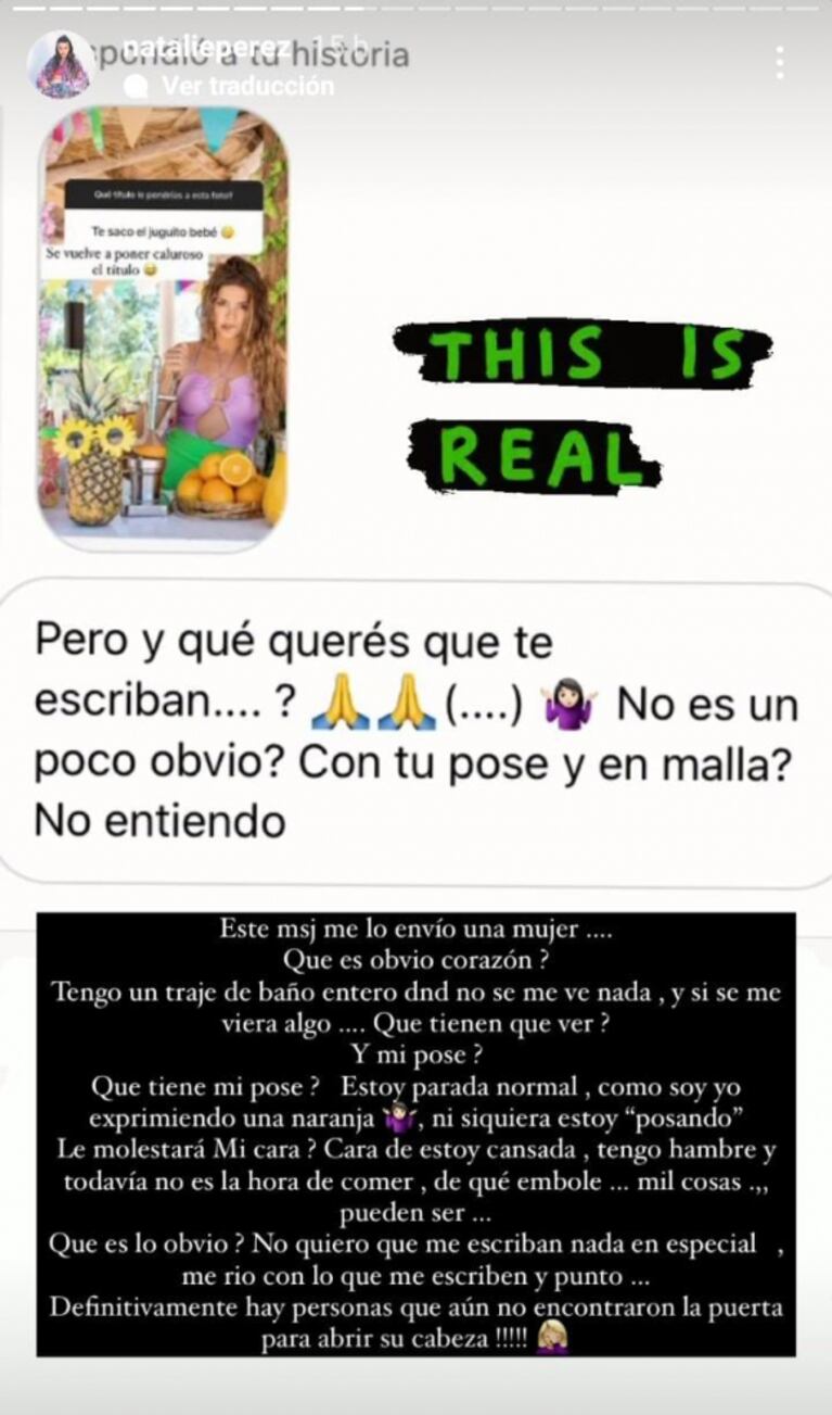 Natalie Pérez cruzó enojada a una seguidora que la criticó por una foto en malla: "¿Qué tiene mi pose?"