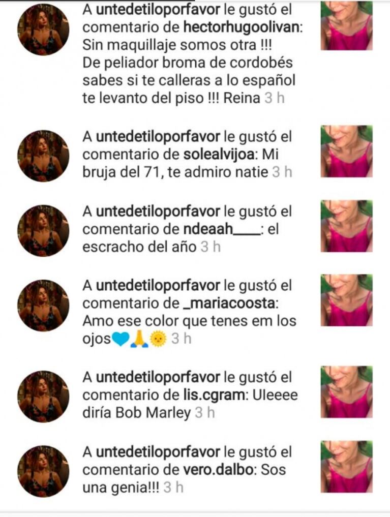 Natalie Pérez y la divertida foto del "autoescrache": "No estoy fumada, ni borracha; me dio un rayo de sol en los ojos"