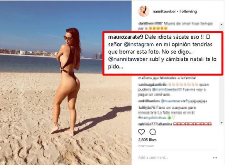 Natalie Weber posó con una trikini súper cavada y Mauro Zárate, celoso, le dejó un polémico comentario: "Dale idiot..., sacate eso"