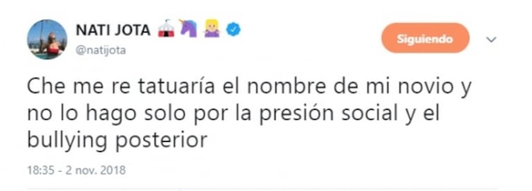 Nati Jota contó que le encantaría tatuarse el nombre de su novio y explicó por qué aún no se animó