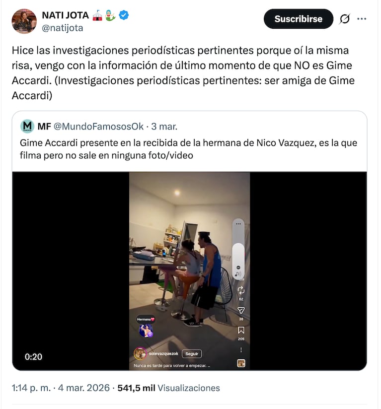 Nati Jota desmiente que Gime Accardi haya estado en el cumple de su excuñada. CRÉDITO: X
