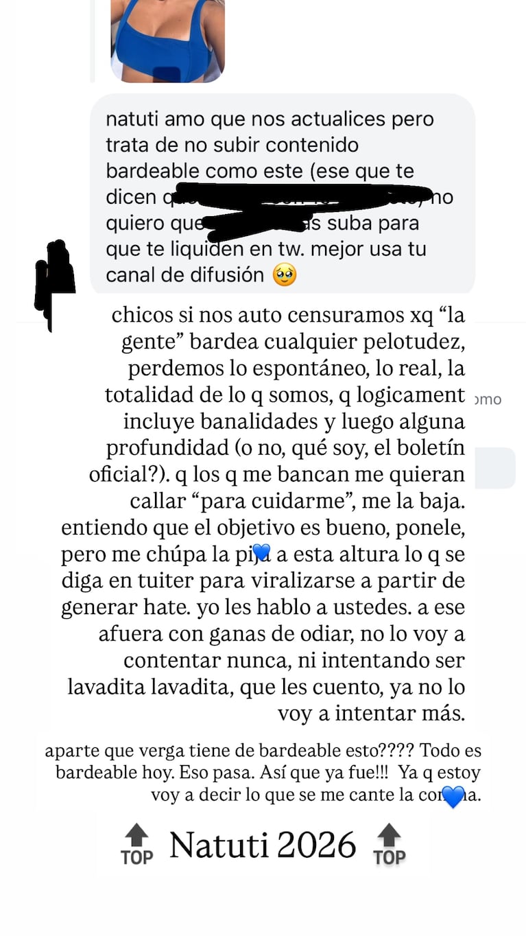 Nati Jota explotó contra un hater y publicó un fuerte descargo tras su posteo en Instagra. Crédito: Instagram