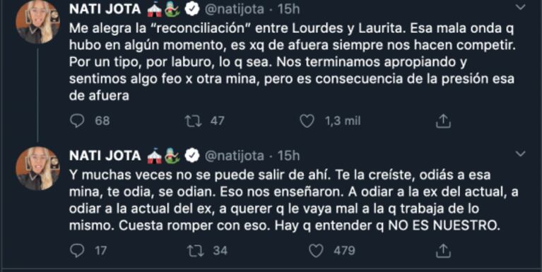 Nati Jota festejó la reconciliación de Laurita Fernández y Lourdes Sánchez: "A las minas siempre nos hacen competir"