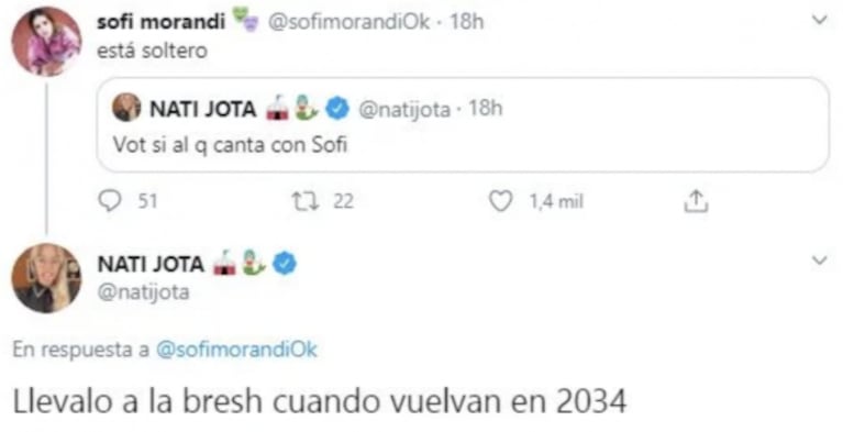 Nati Jota le tiró onda al compañero de Sofi Morandi en Cantando 2020: "¡Está soltero!"