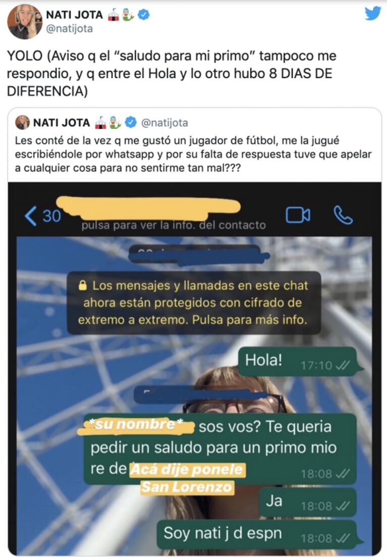 Nati Jota mostró los mensajes que le mandó a un futbolista que le gusta, ¡y que no le contestó!: "Solo se vive una vez"