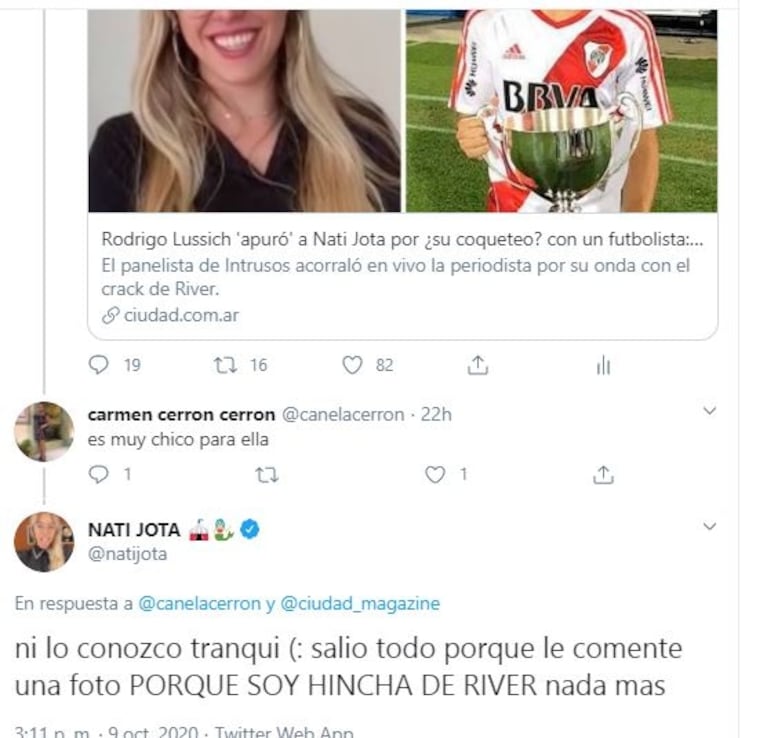 Nati Jota reaccionó tras la versión de 'coqueteo virtual' con el futbolista Julián Álvarez: "Ni lo conozco"